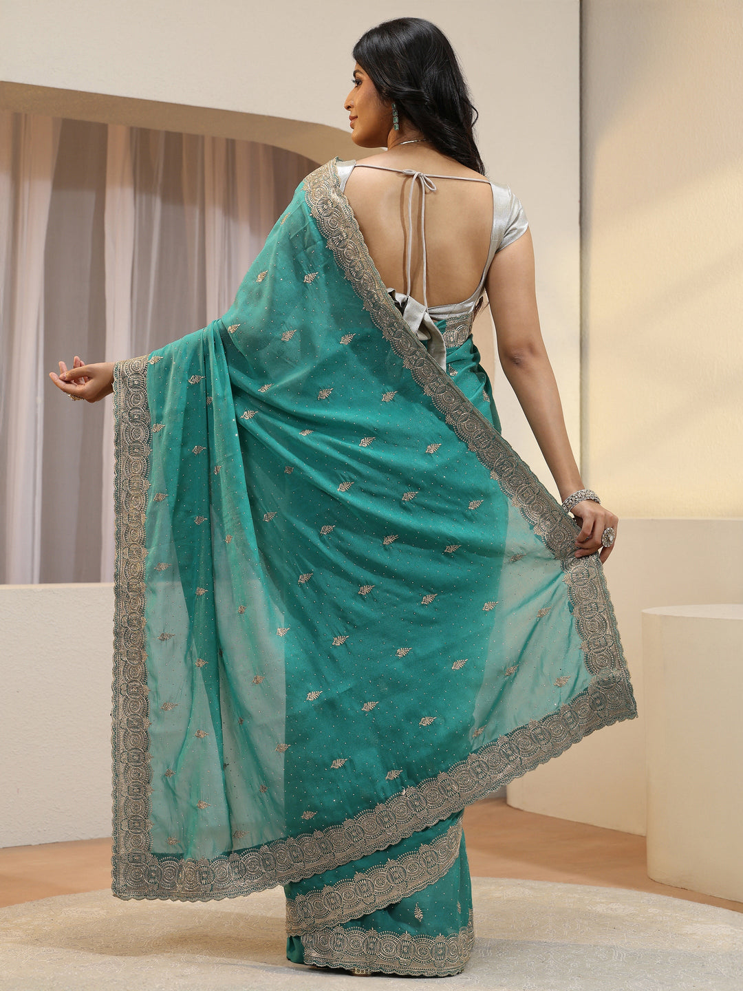  Sea Green Tissue Saree With Embellished Border 