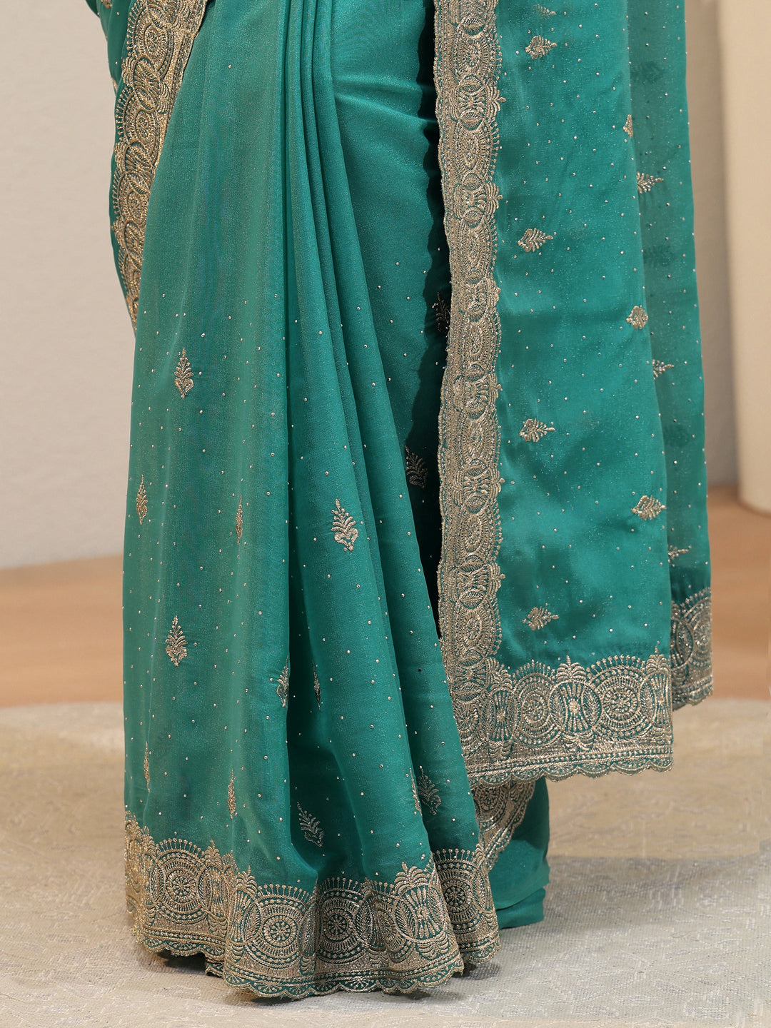 Sea Green Tissue Saree With Embellished Border 