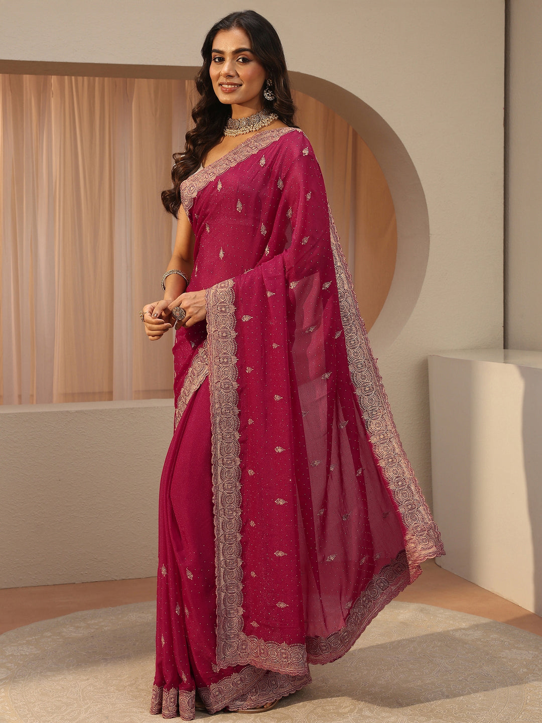 Pink Ethnic Motif Embroidered Tissue Saree 