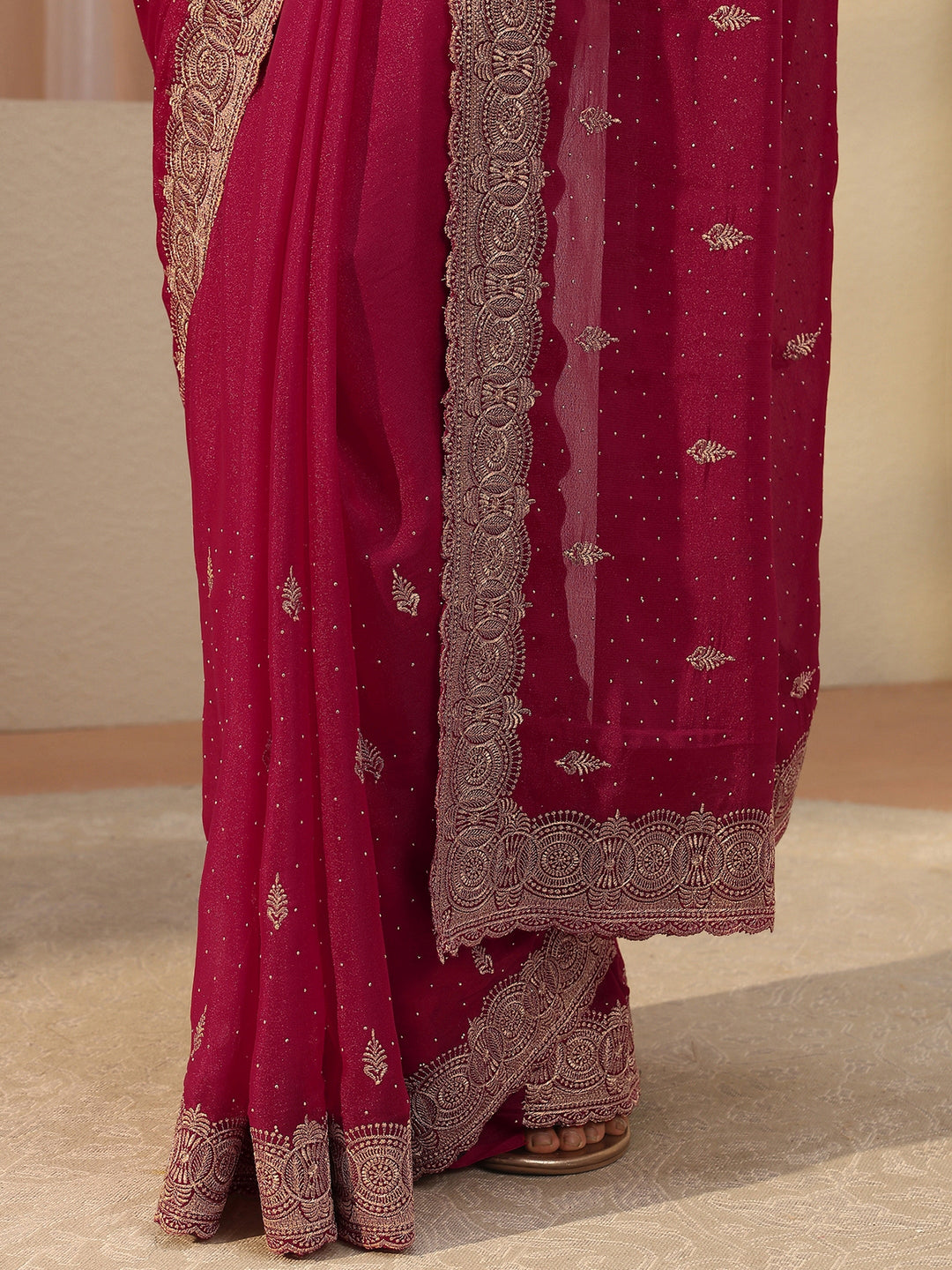  Pink Ethnic Motif Embroidered Tissue Saree 
