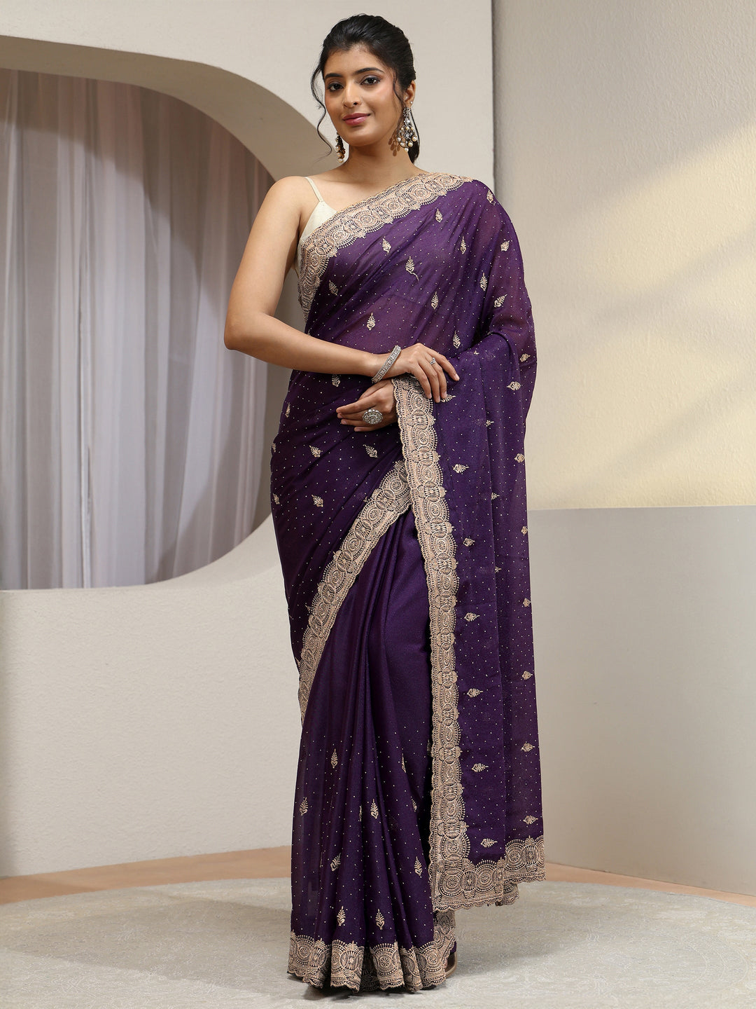  Royal Purple Tissue Saree With Embellished Border 