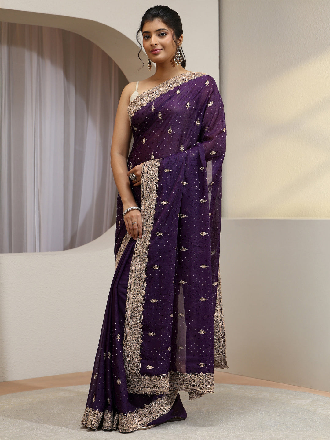  Royal Purple Tissue Saree With Embellished Border 