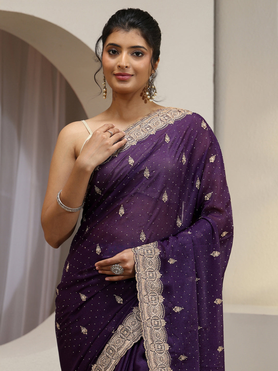  Royal Purple Tissue Saree With Embellished Border 