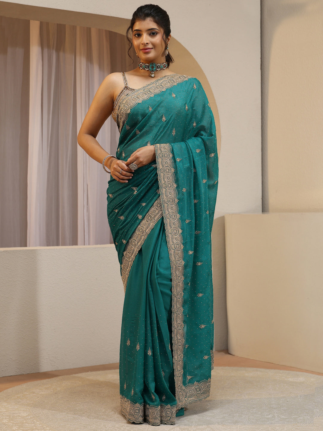  Sea Green Tissue Saree With Embellished Border 