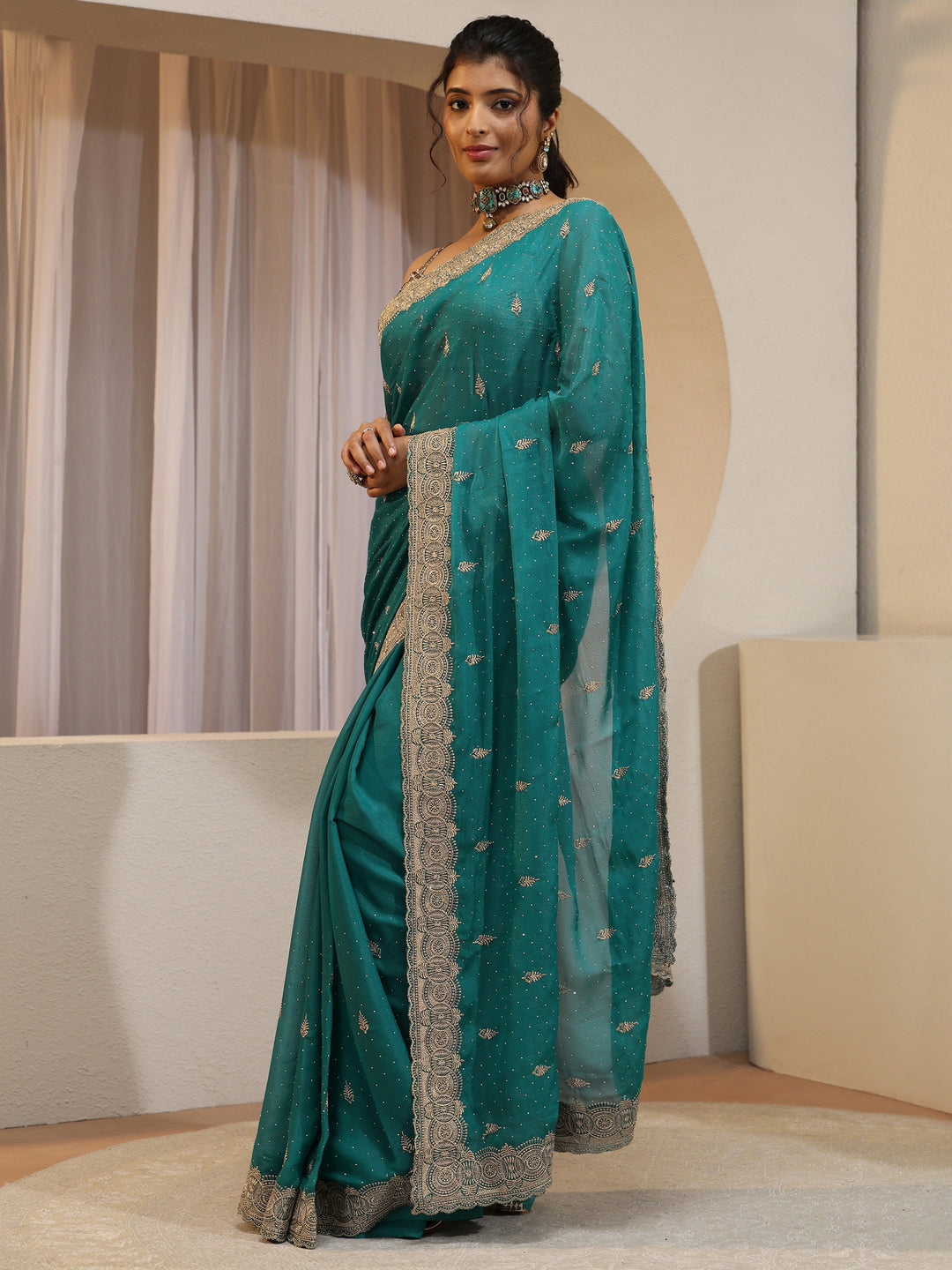 Sea Green Tissue Saree With Embellished Border 