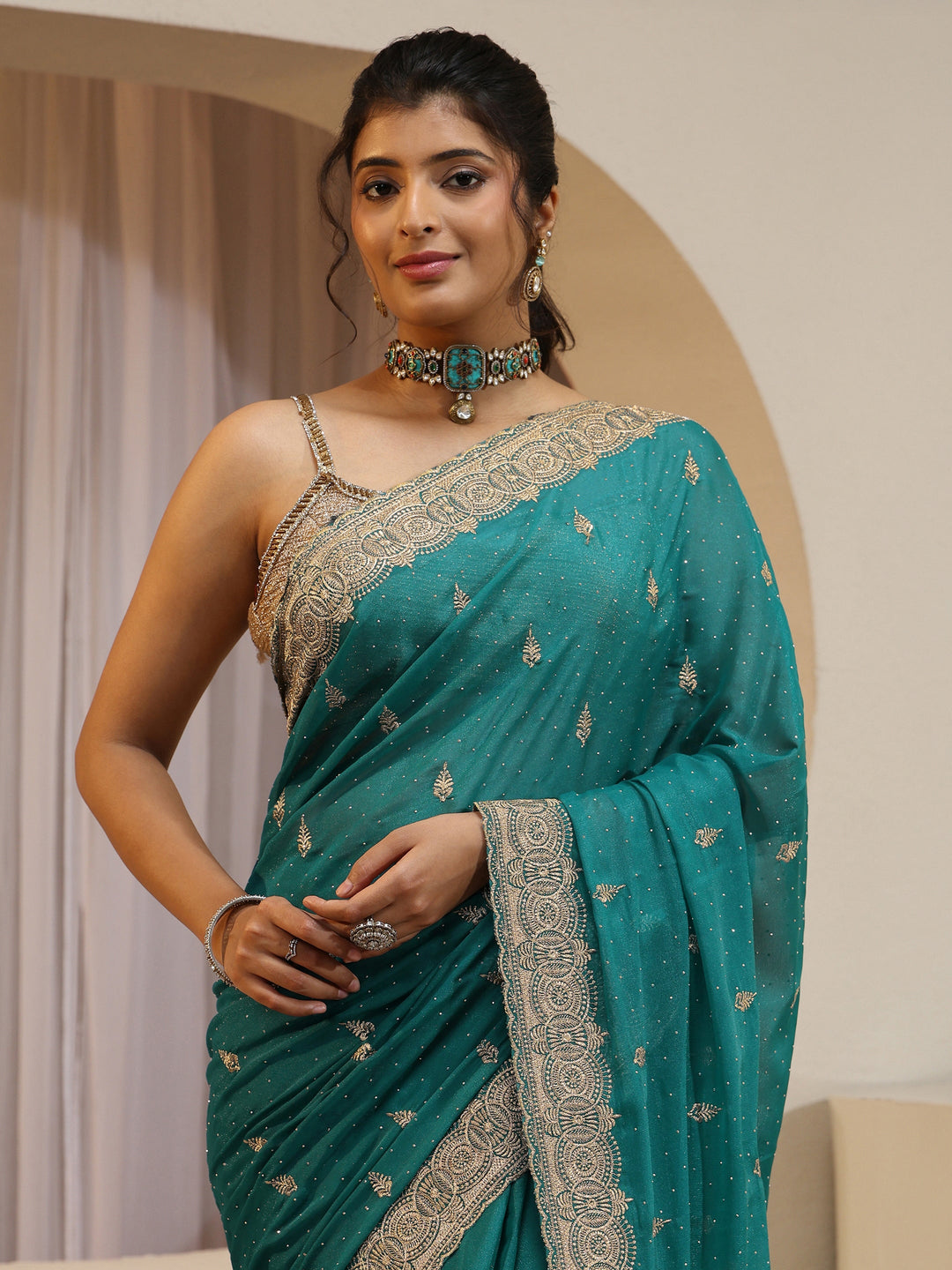  Sea Green Tissue Saree With Embellished Border 