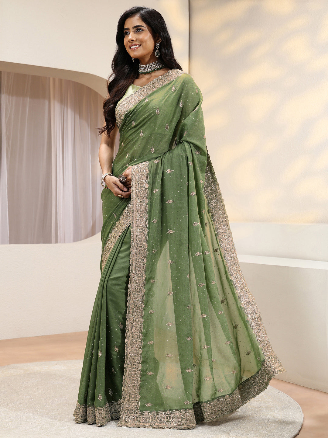  Sage Green Tissue Saree With Embellished Border 