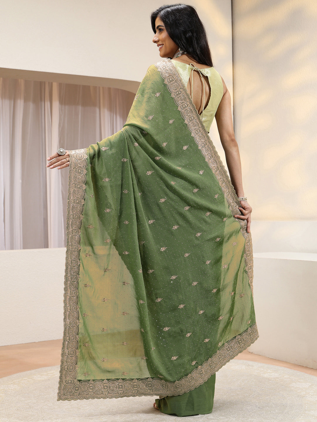  Sage Green Tissue Saree With Embellished Border 