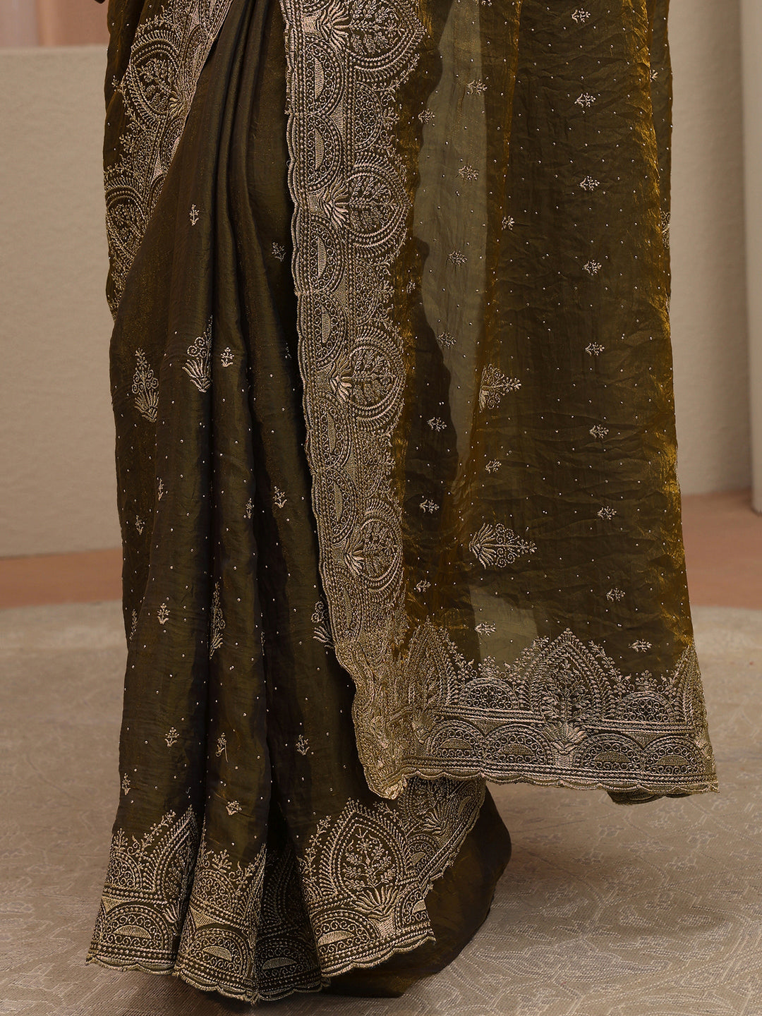  Bronze Olive Green Ethnic Embroidered Tissue Saree 