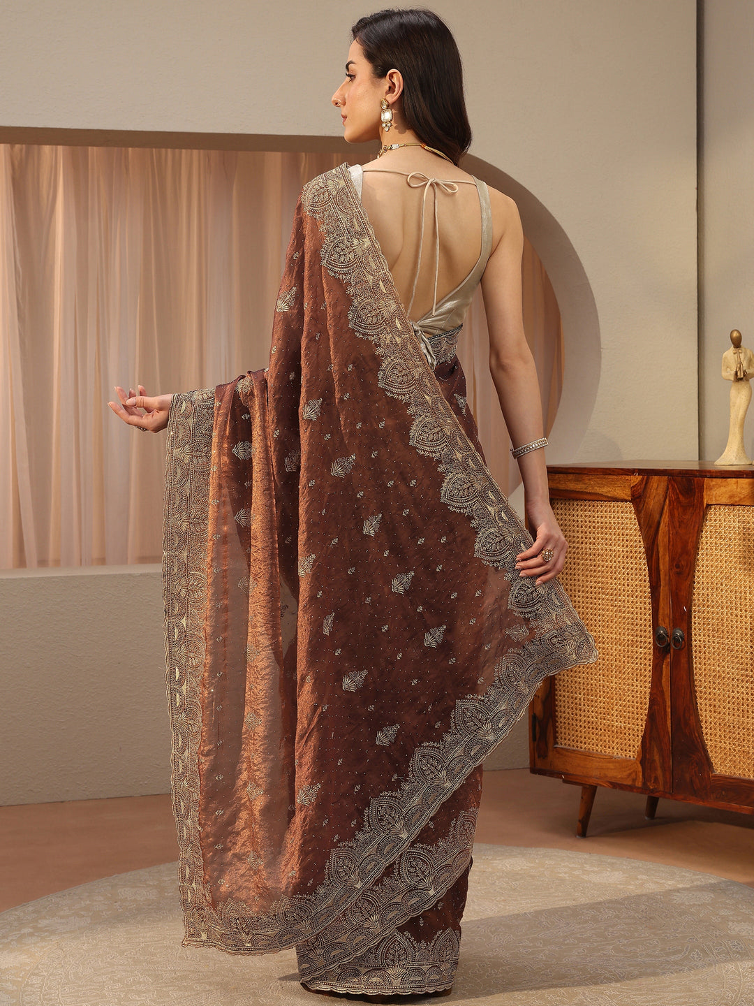  Brown Ethnic Embroidered Tissue Saree 