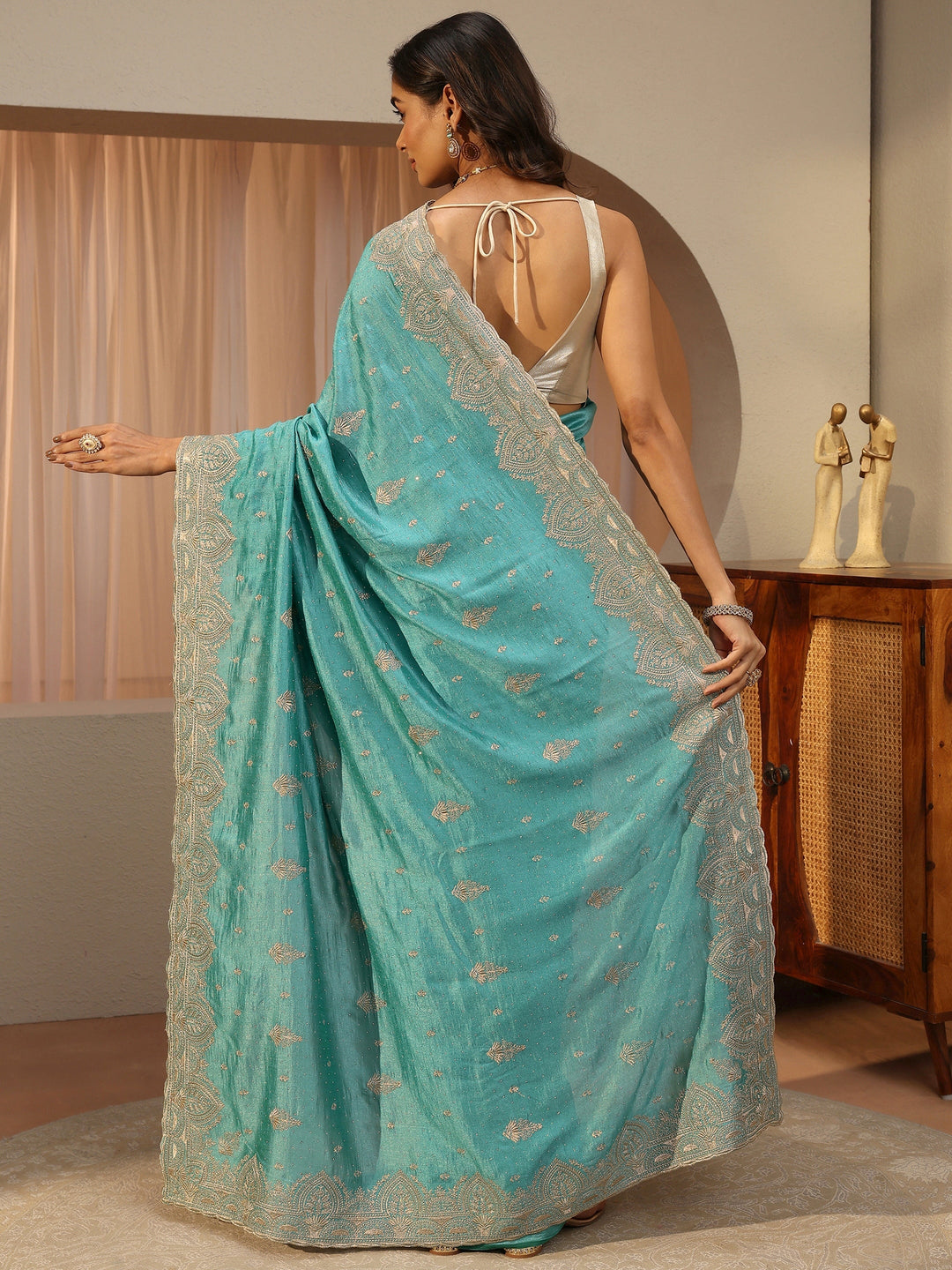  Blue Ethnic Motif Embroidered Silk Blend Saree 
