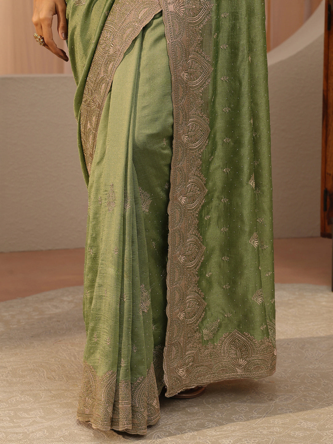  Sage Green Ethnic Embroidered Silk Blend Saree 