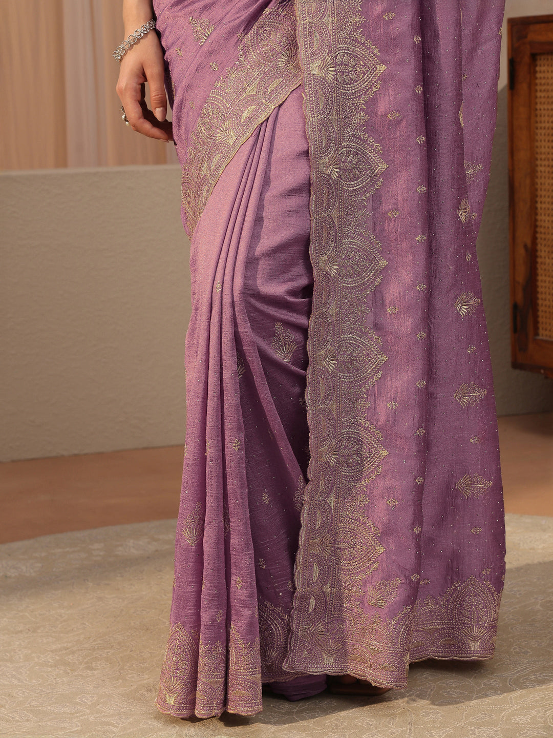  Lavender Ethnic Embroidered Silk Blend Saree 