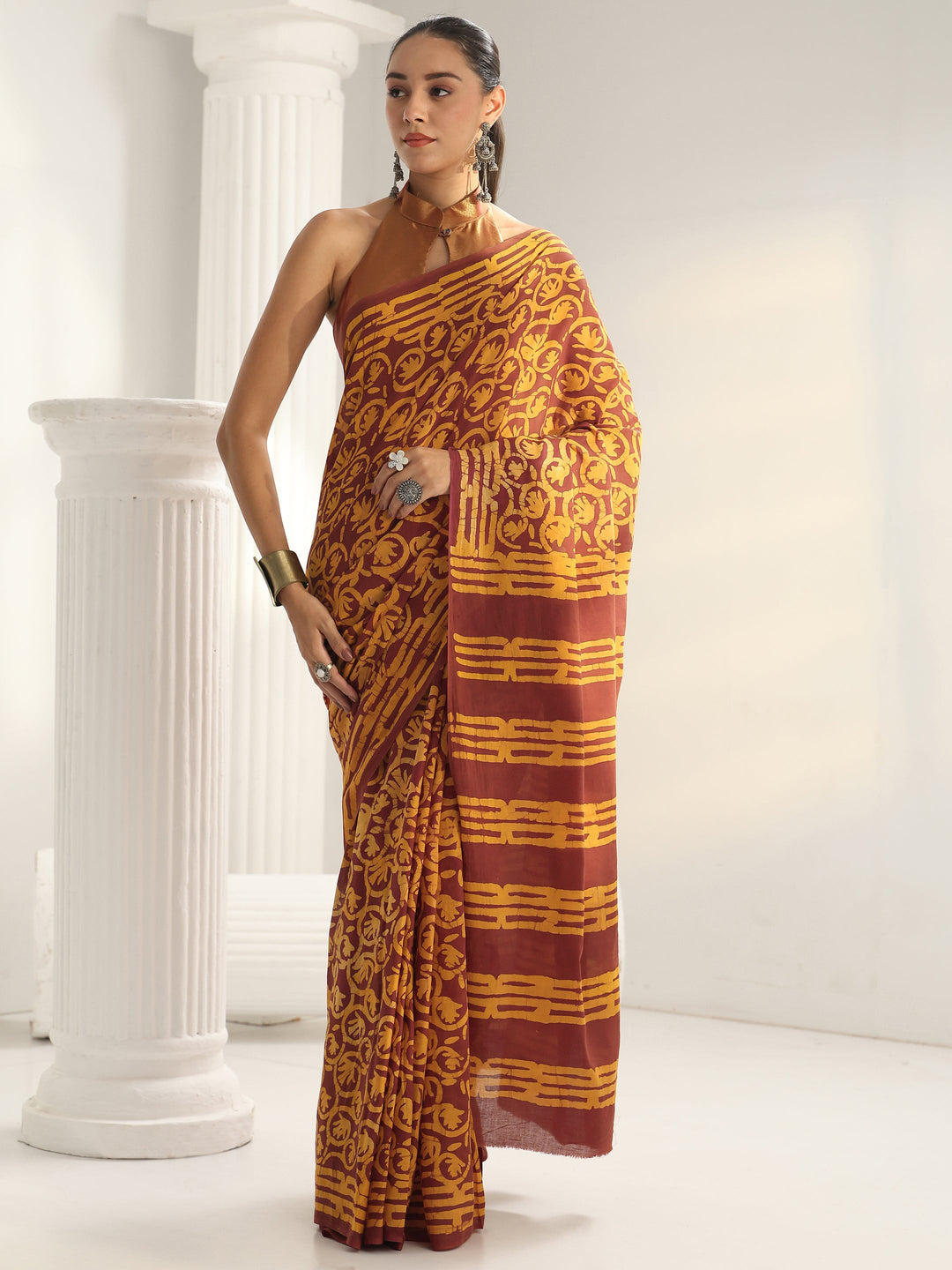  Brown Batik Printed Cotton Saree 