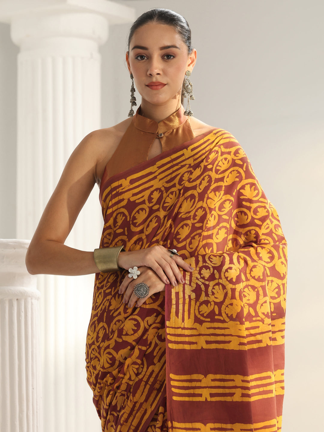  Brown Batik Printed Cotton Saree 