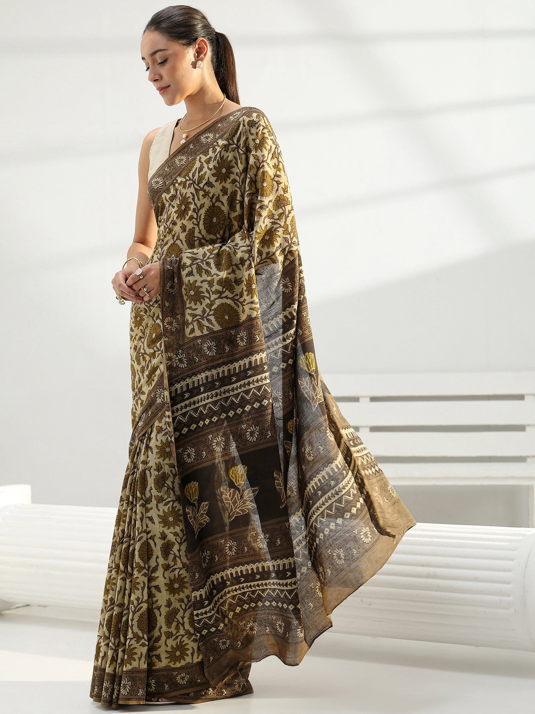 Green Block Printed Cotton Saree 