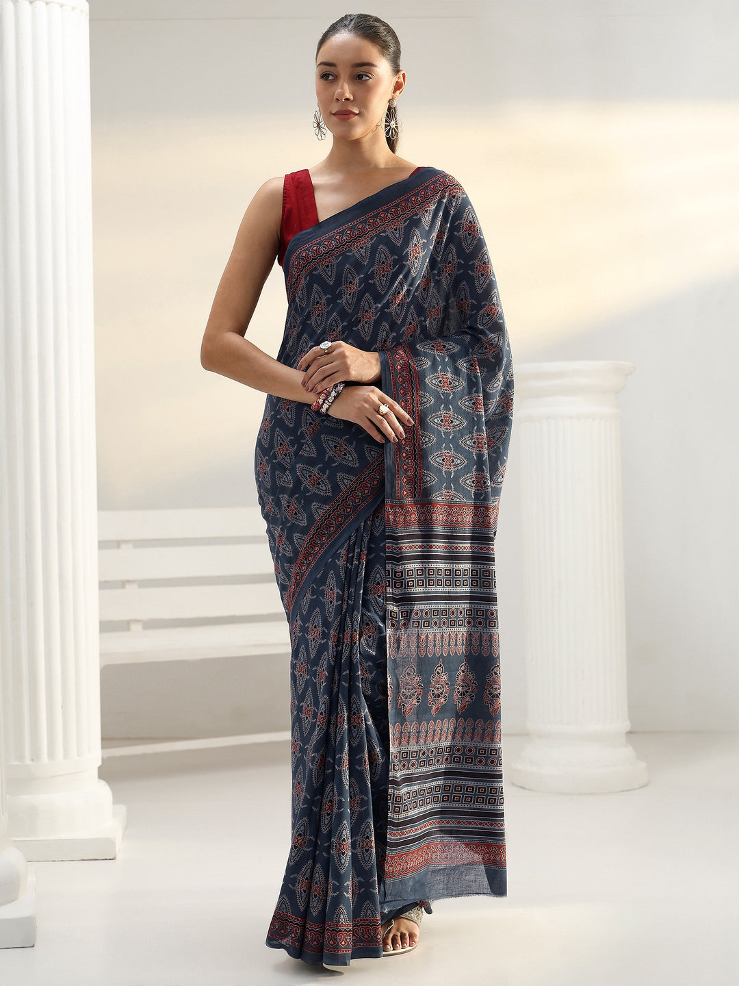  Blue Ethnic Printed Cotton Saree 