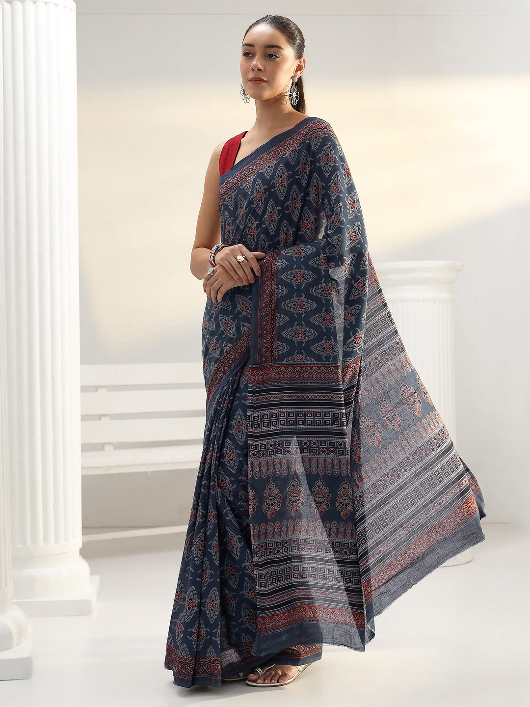  Blue Ethnic Printed Cotton Saree 
