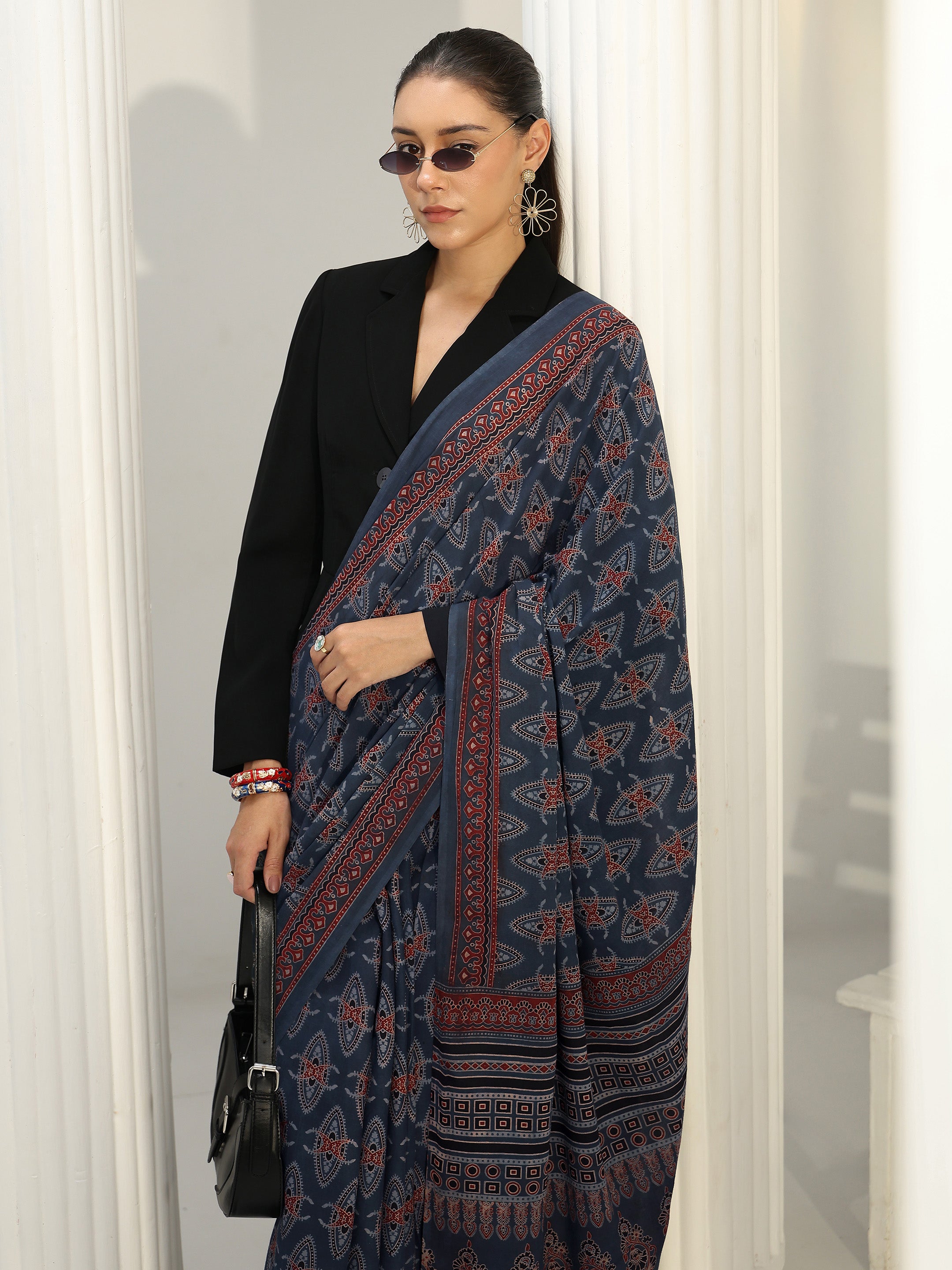 libas Blue Ajrakh Print Cotton Saree-picture-24