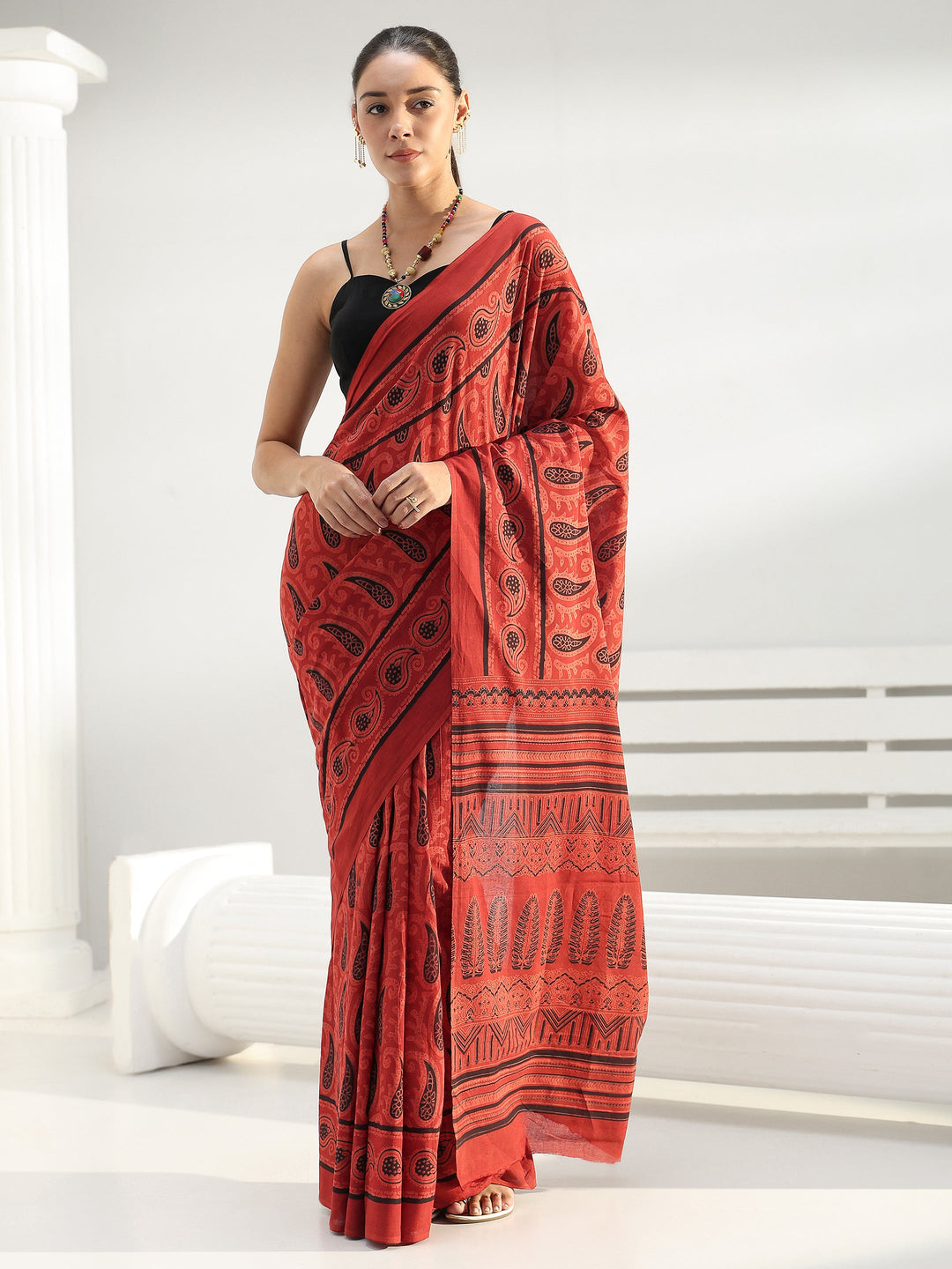  Red Paisley Printed Cotton Saree 