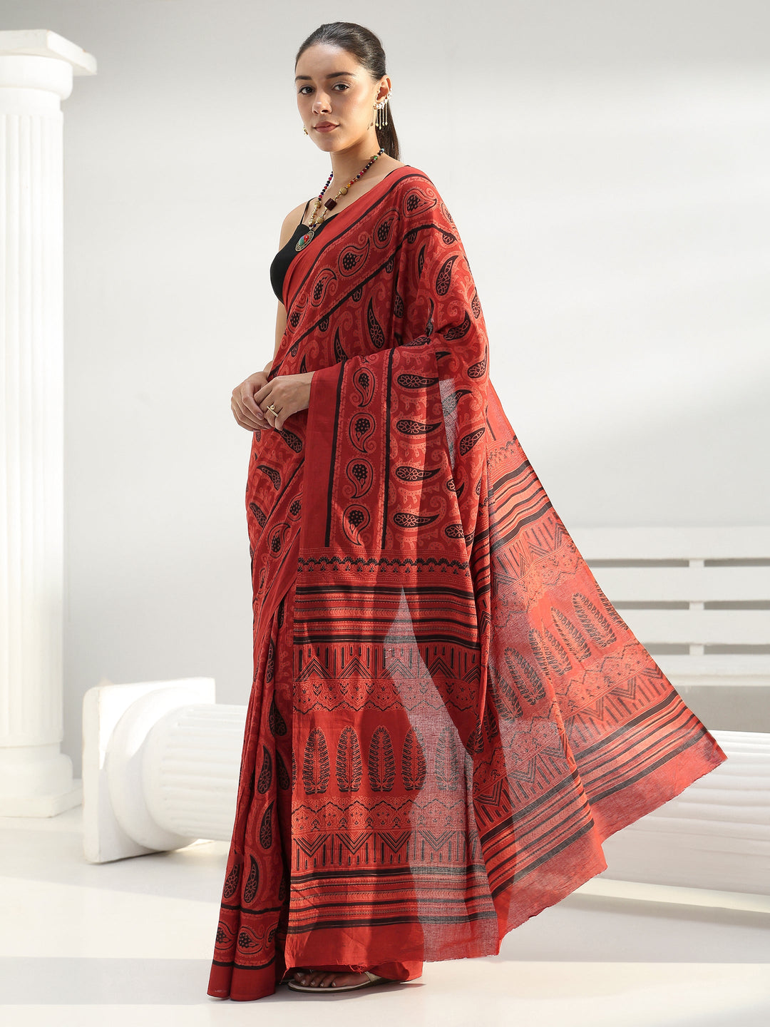  Red Paisley Printed Cotton Saree 