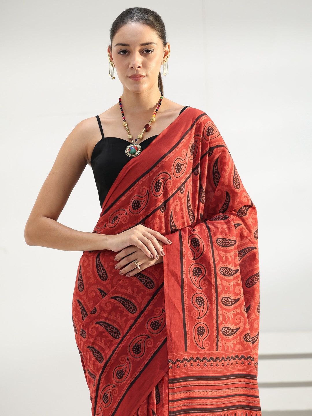  Red Paisley Printed Cotton Saree 