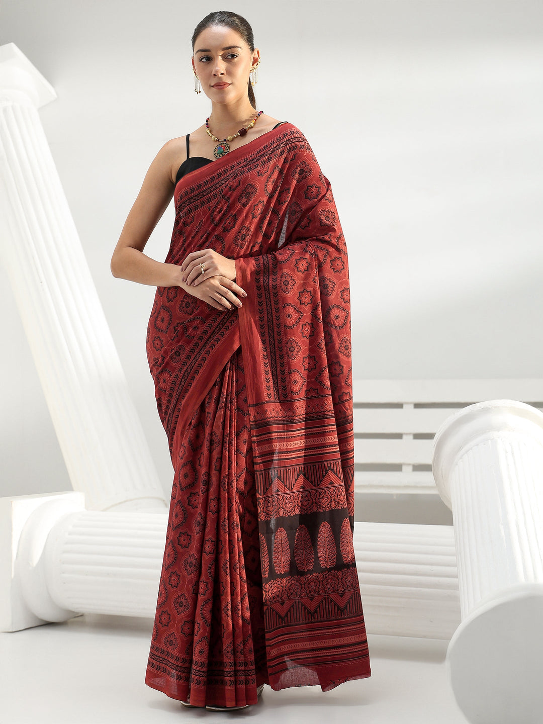  Red Ethnic Printed Cotton saree 