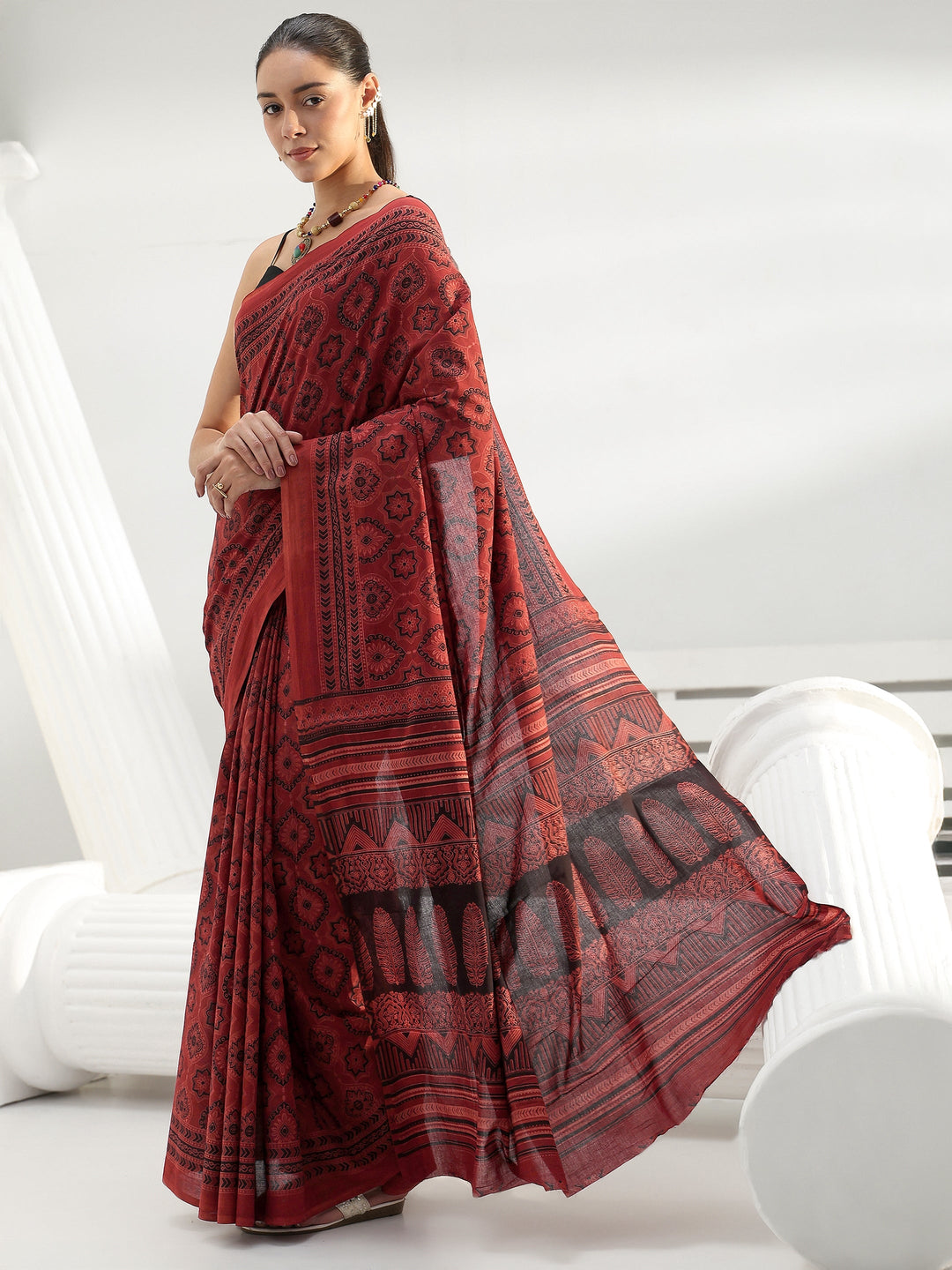  Red Ethnic Printed Cotton saree 