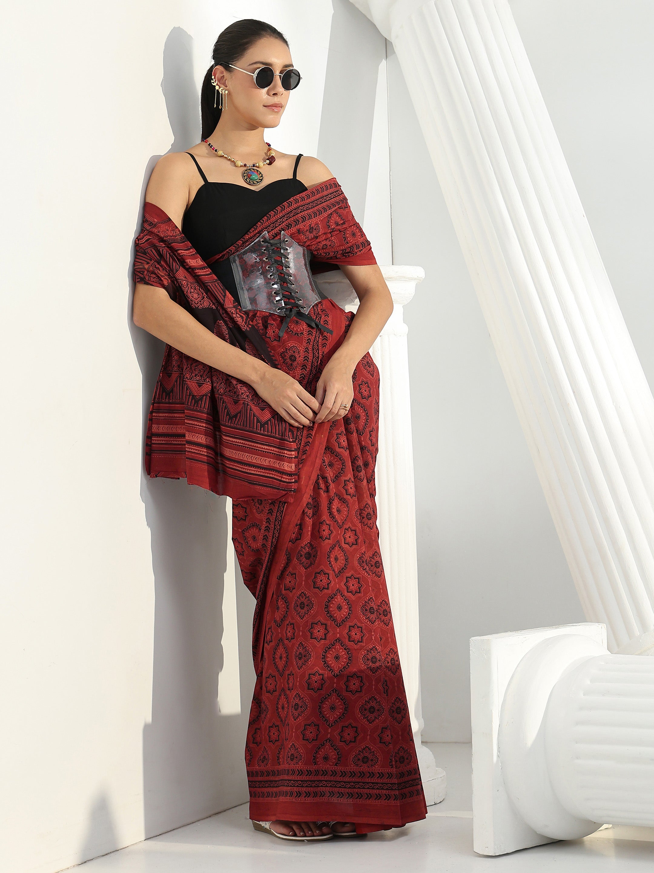 Libas Brick Red Ethnic Bagru Print Cotton Saree-picture-36