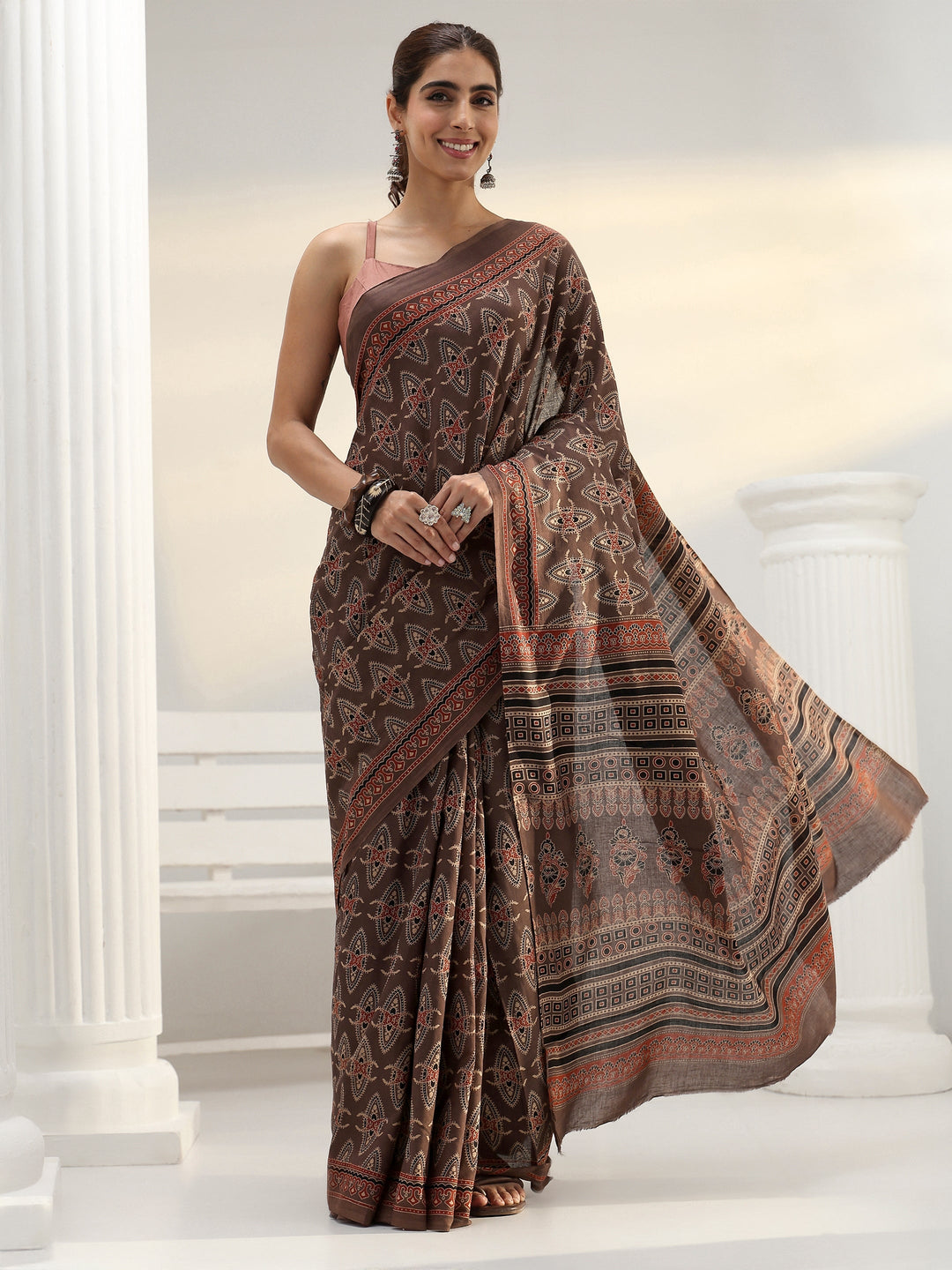  Brown Ethnic Printed Cotton Saree 