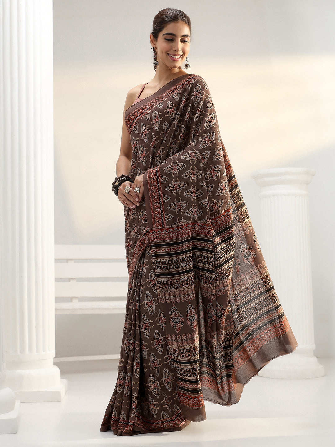  Brown Ethnic Printed Cotton Saree 