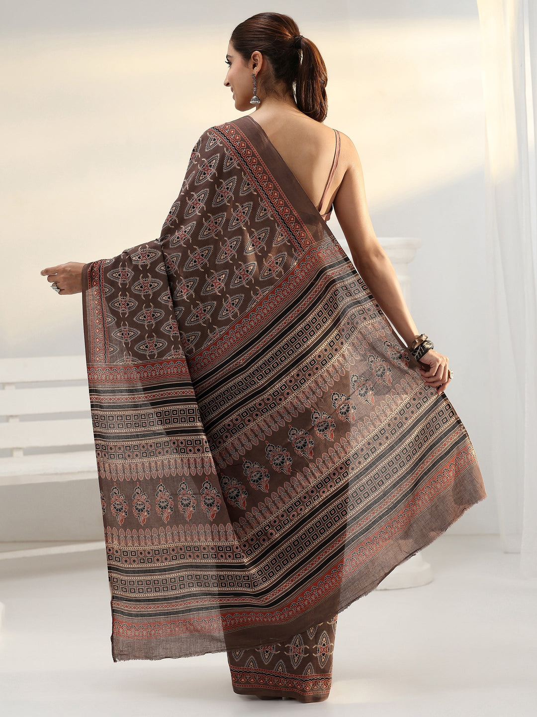  Brown Ethnic Printed Cotton Saree 