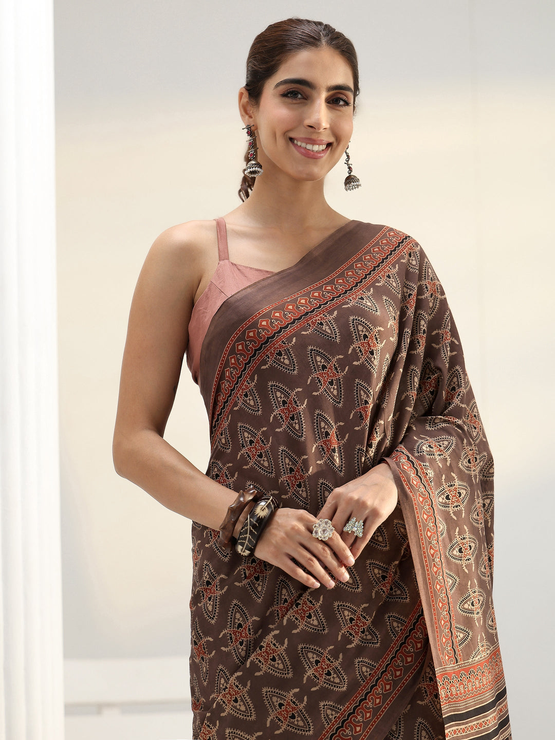  Brown Ethnic Printed Cotton Saree 