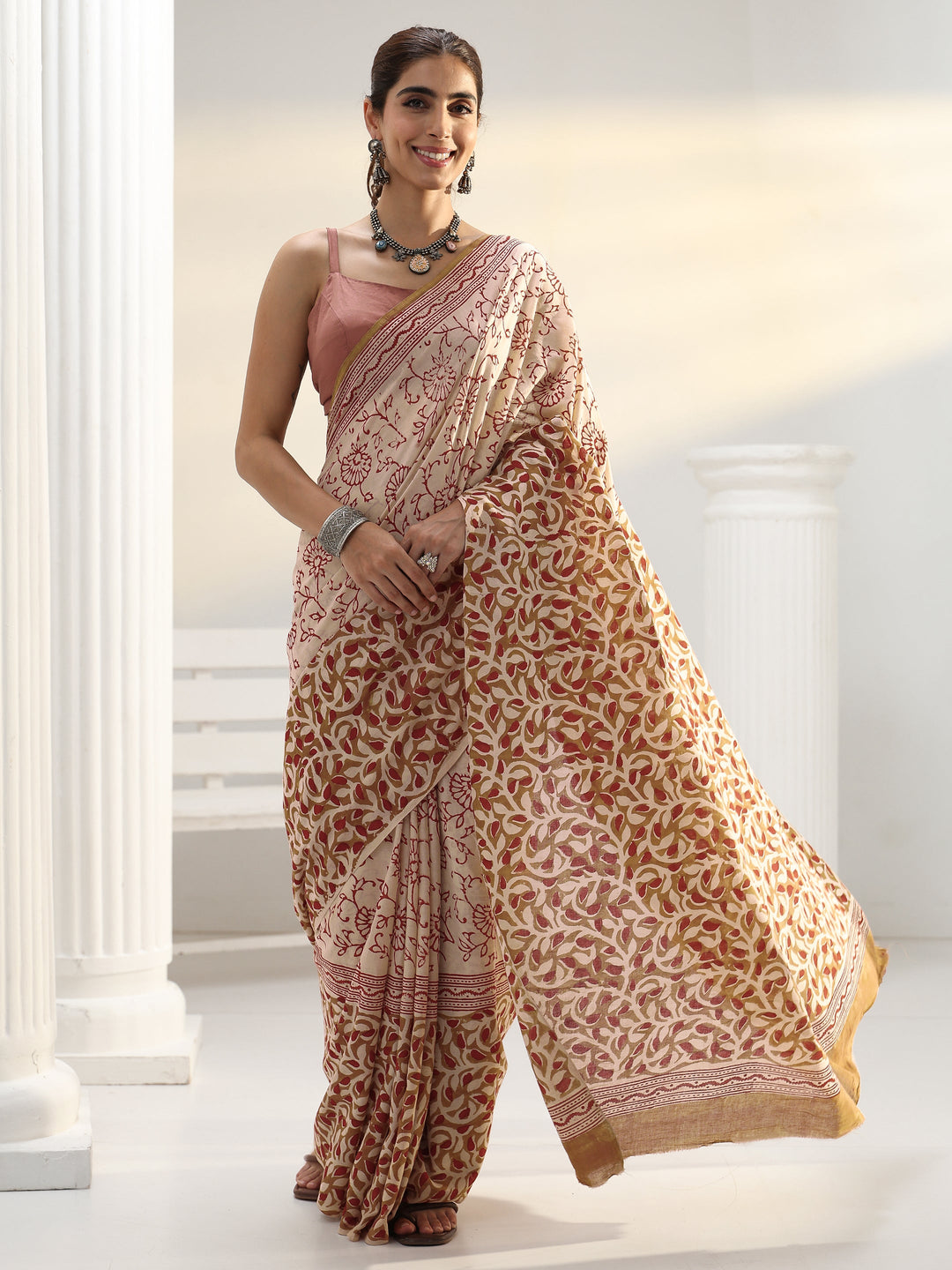  Beige Floral Printed Cotton Saree 