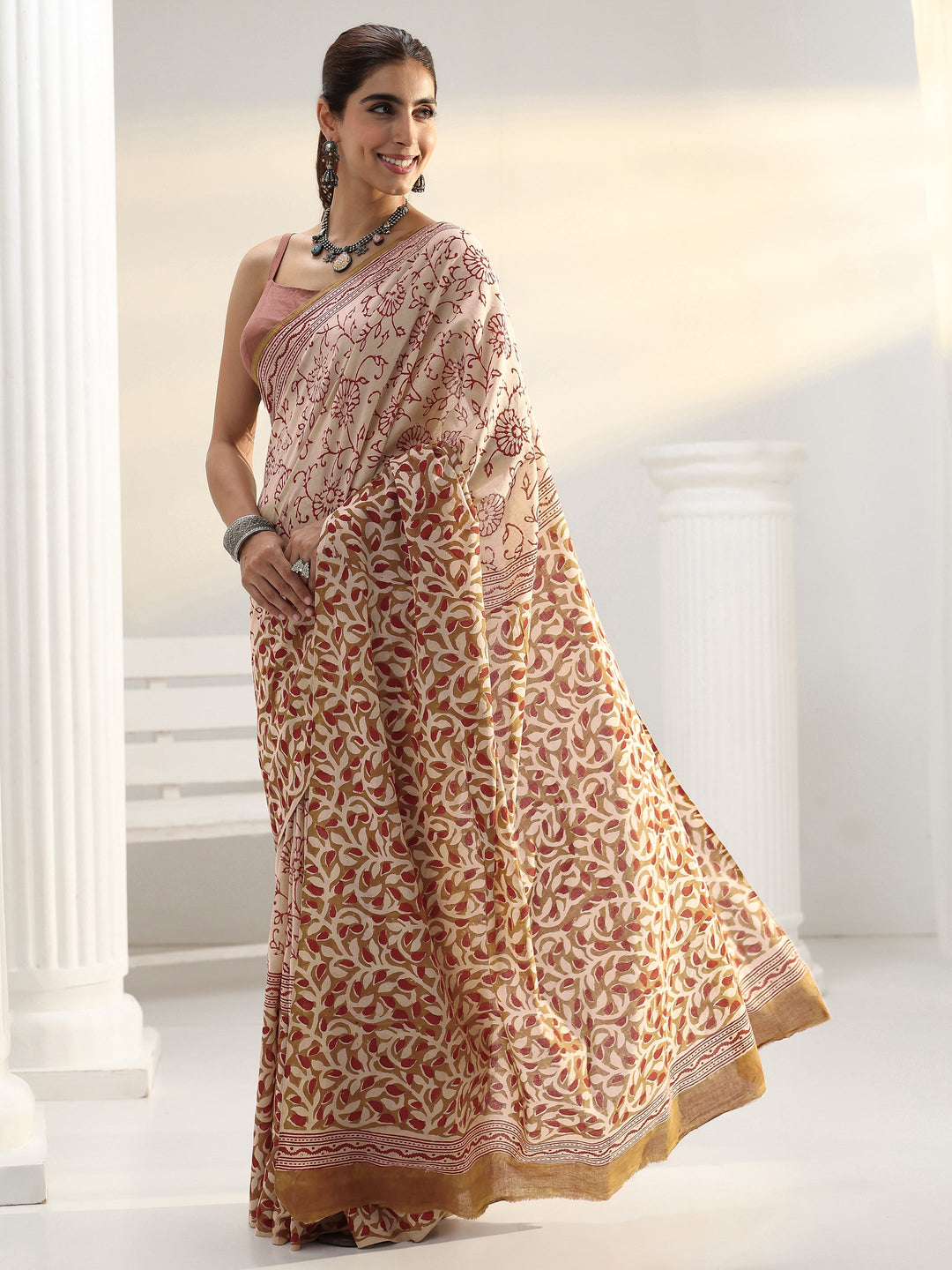  Beige Floral Printed Cotton Saree 