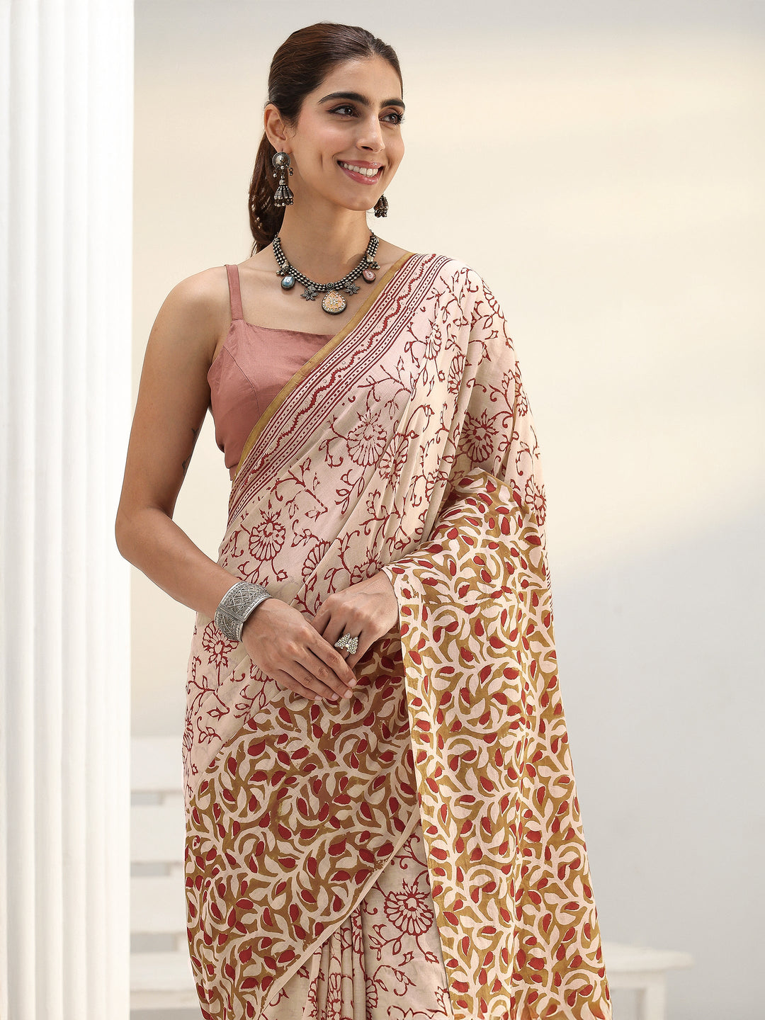  Beige Floral Printed Cotton Saree 