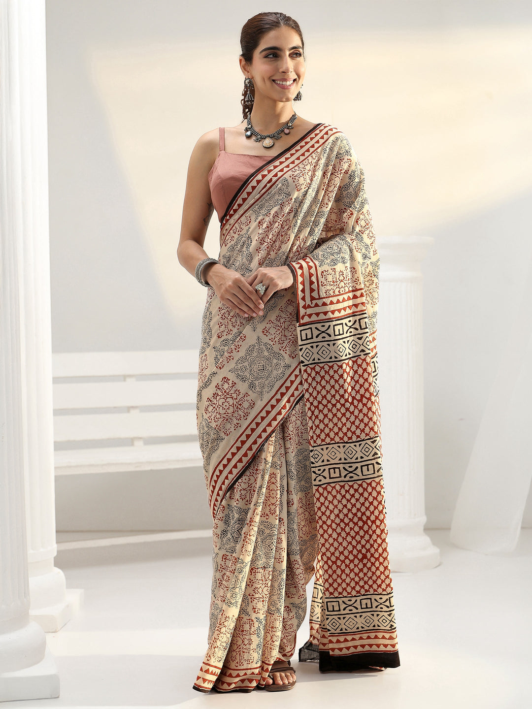  Beige Ethnic Printed Cotton Saree 