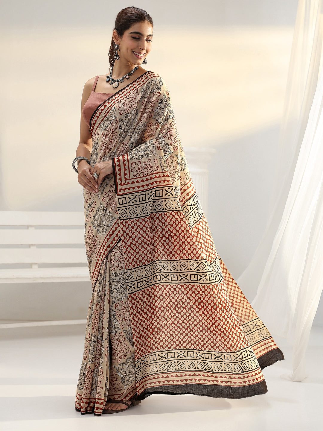  Beige Ethnic Printed Cotton Saree 