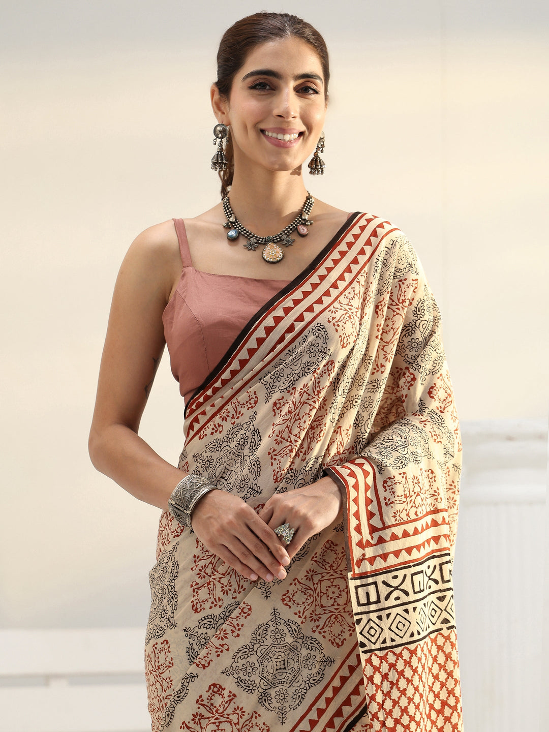  Beige Ethnic Printed Cotton Saree 