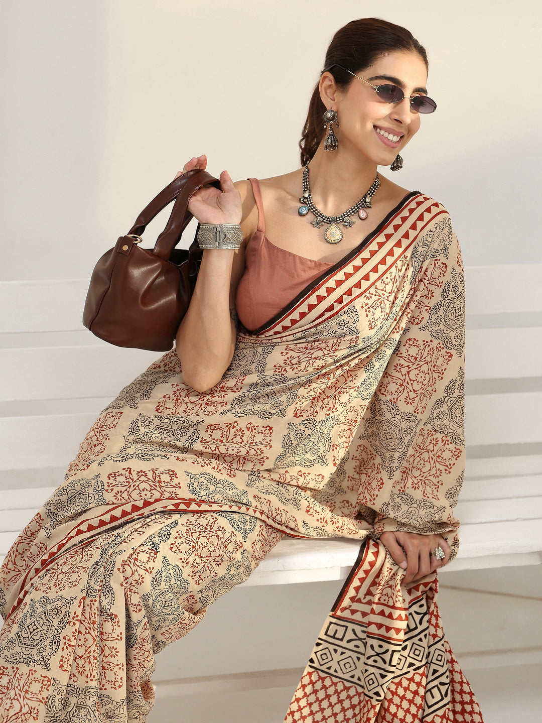  Beige Ethnic Printed Cotton Saree 