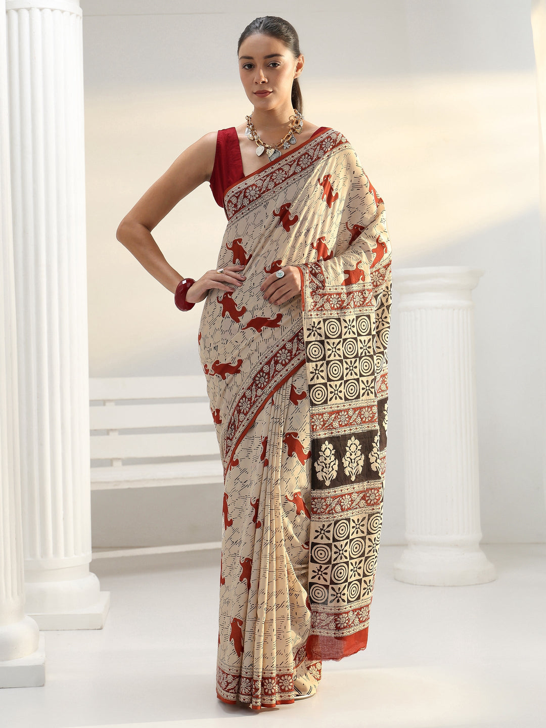  Beige Printed Cotton Saree 
