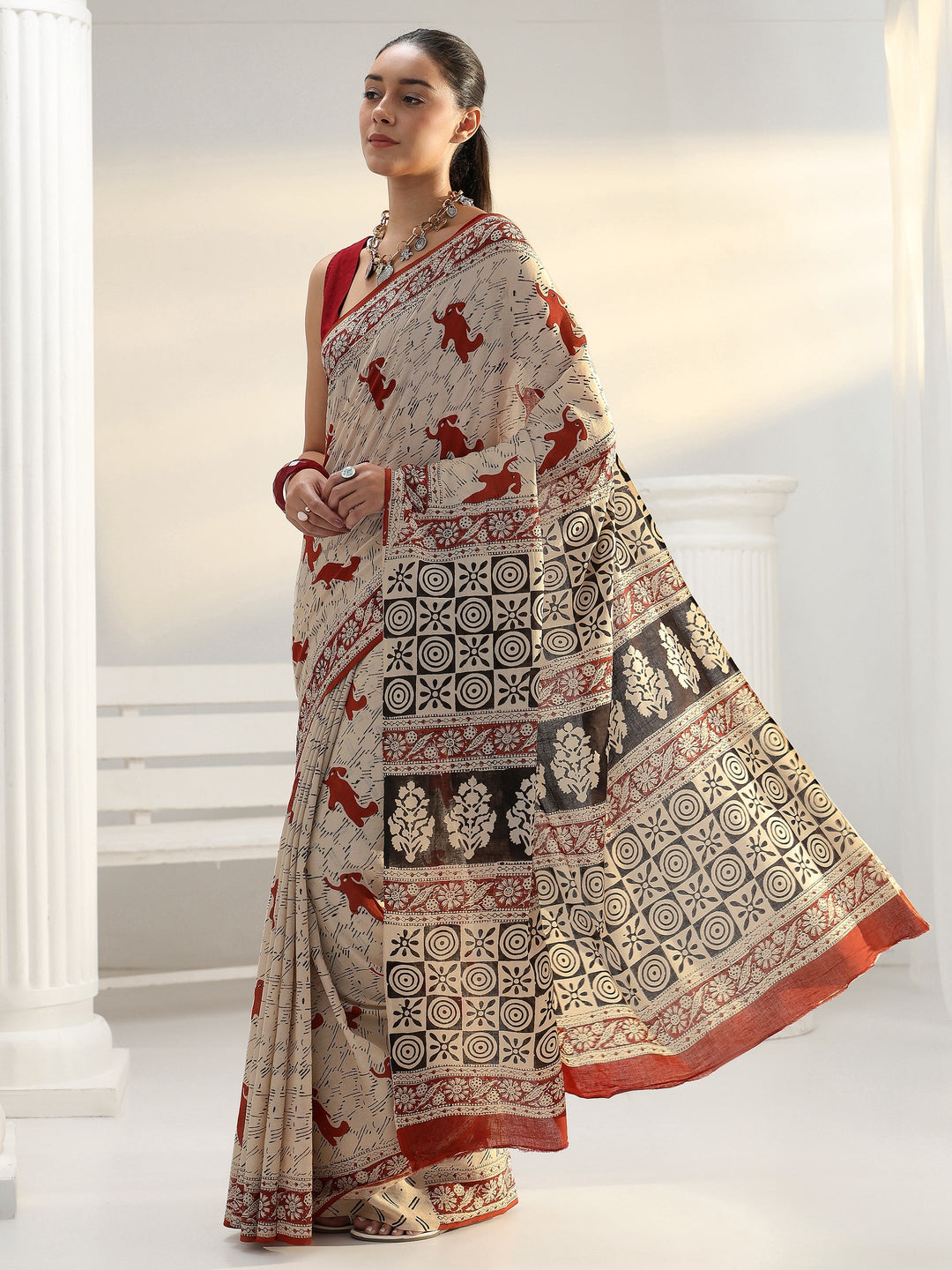  Beige Printed Cotton Saree 