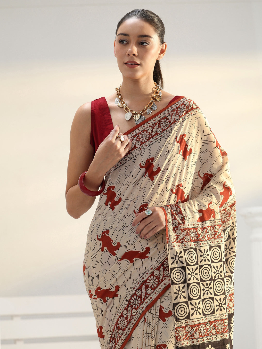  Beige Printed Cotton Saree 