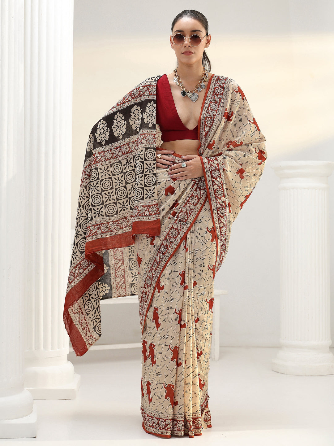  Beige Printed Cotton Saree 
