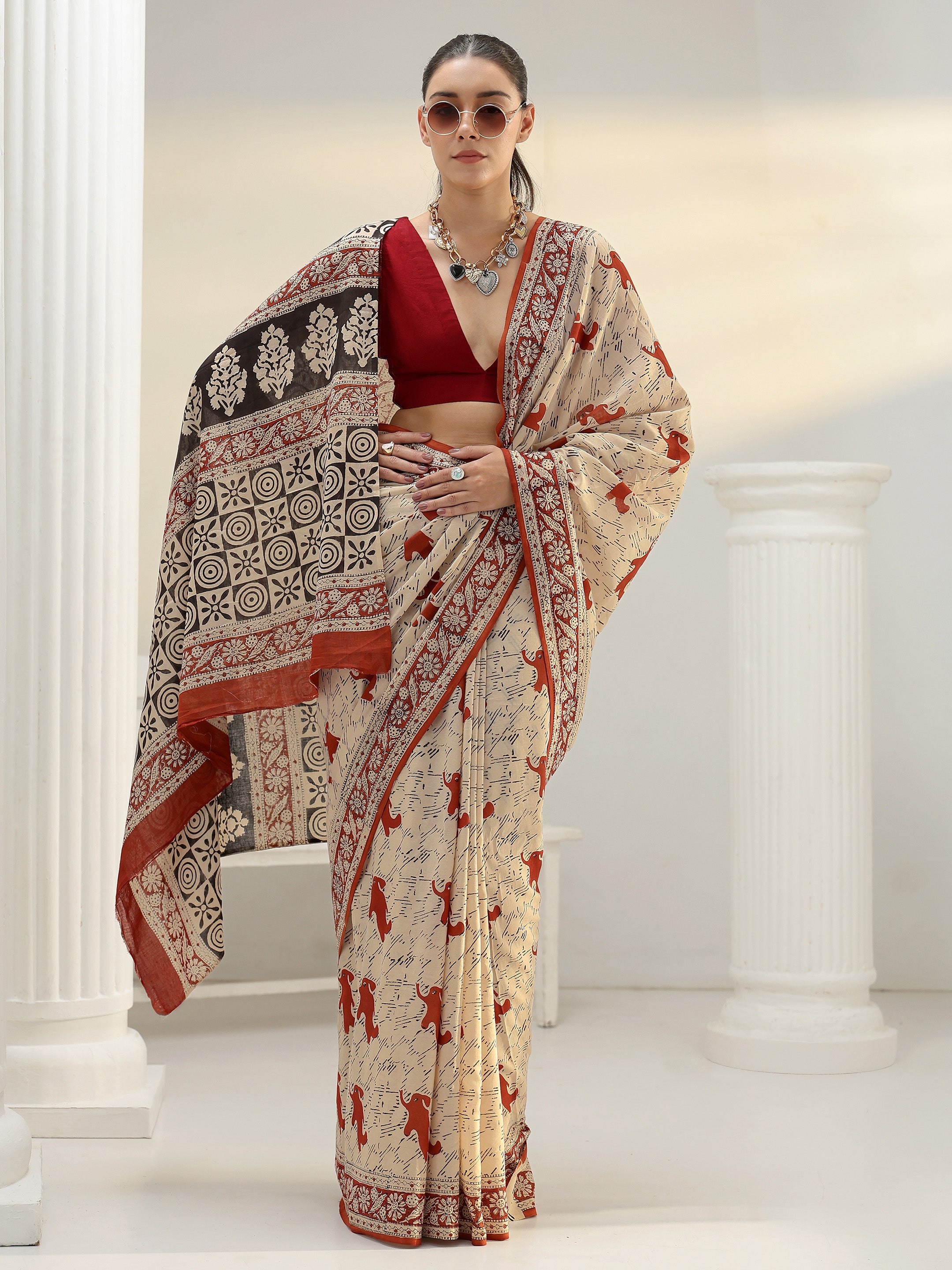 libas Beige Quirky Bagru Print Cotton Saree-picture-66