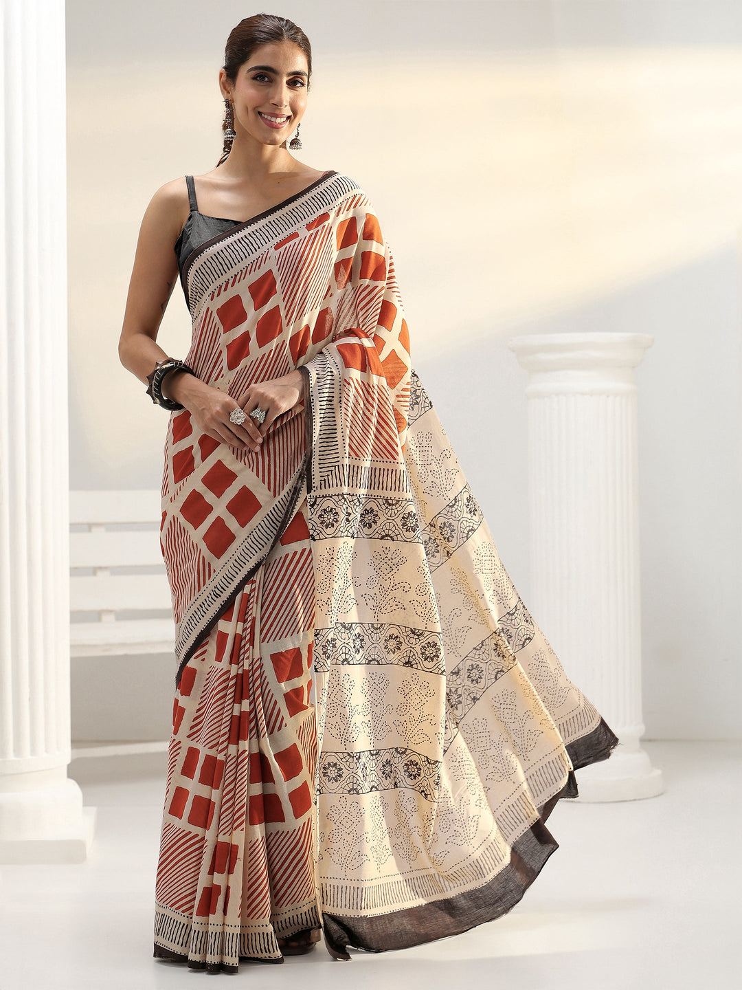  Beige Printed Cotton Saree 