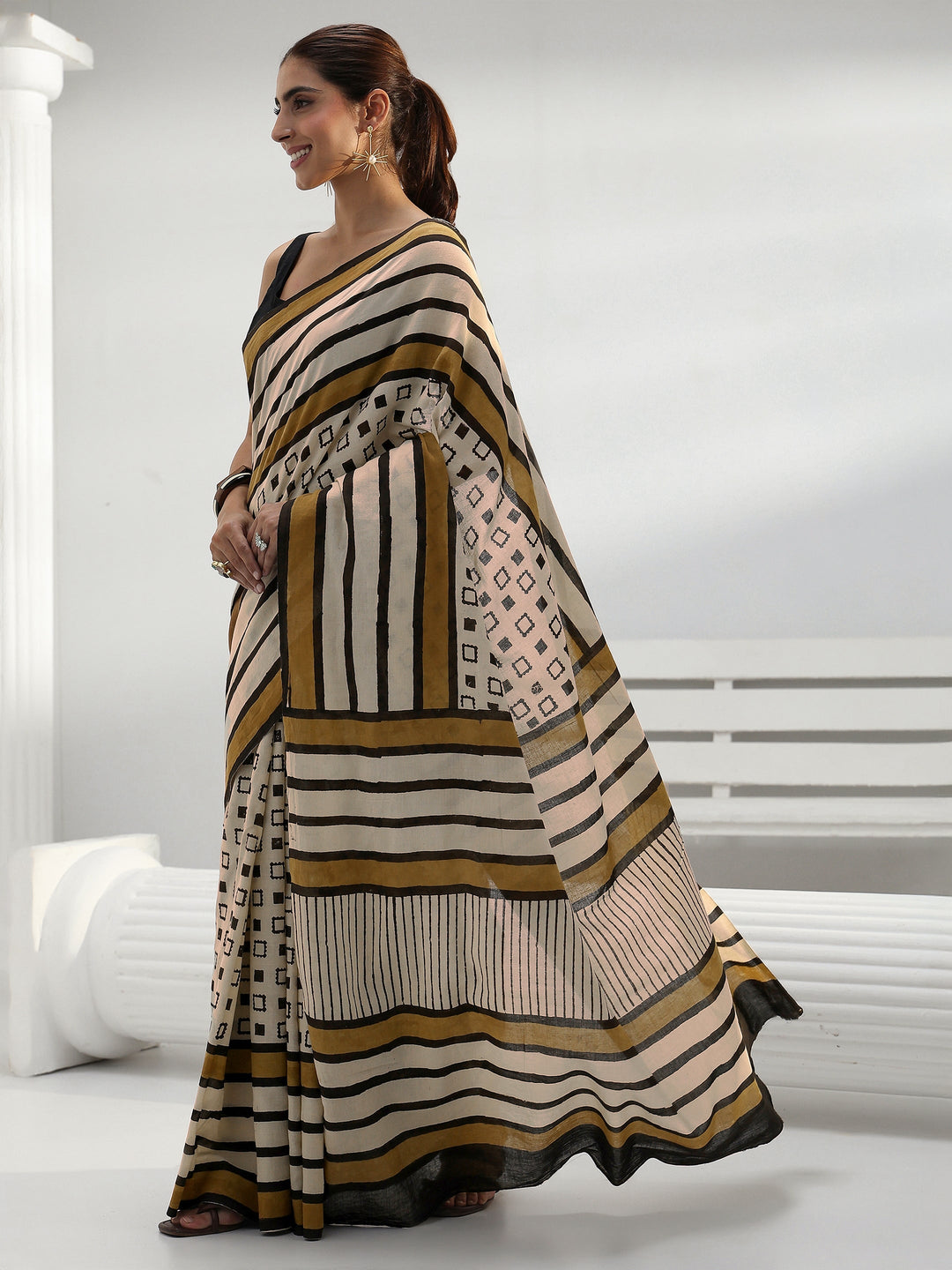  Beige Printed Cotton Saree 