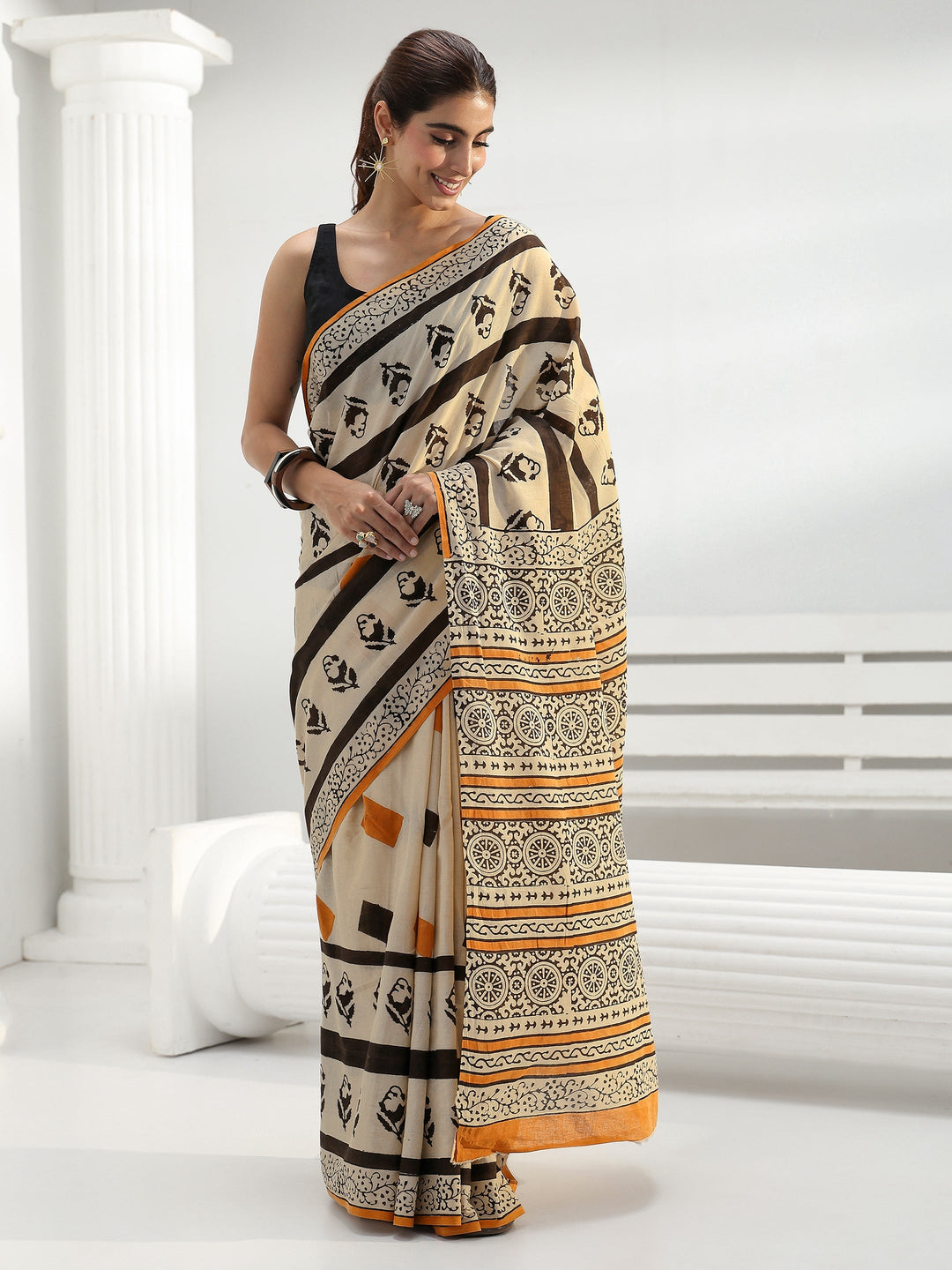  Beige Printed Cotton Saree 