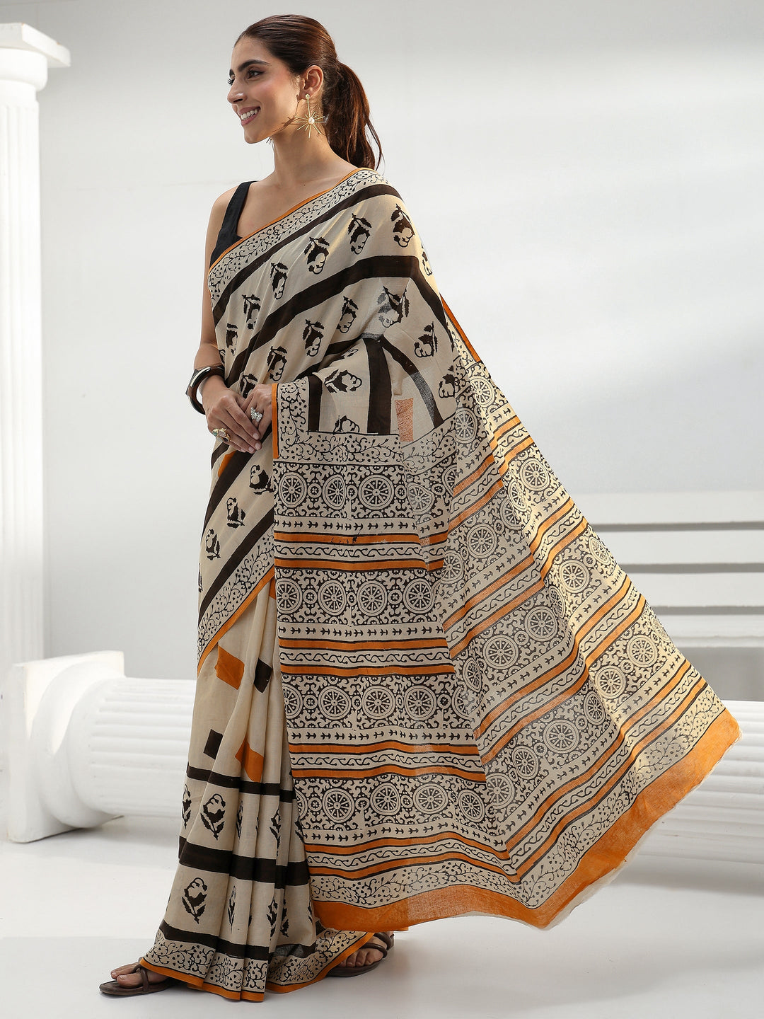  Beige Printed Cotton Saree 