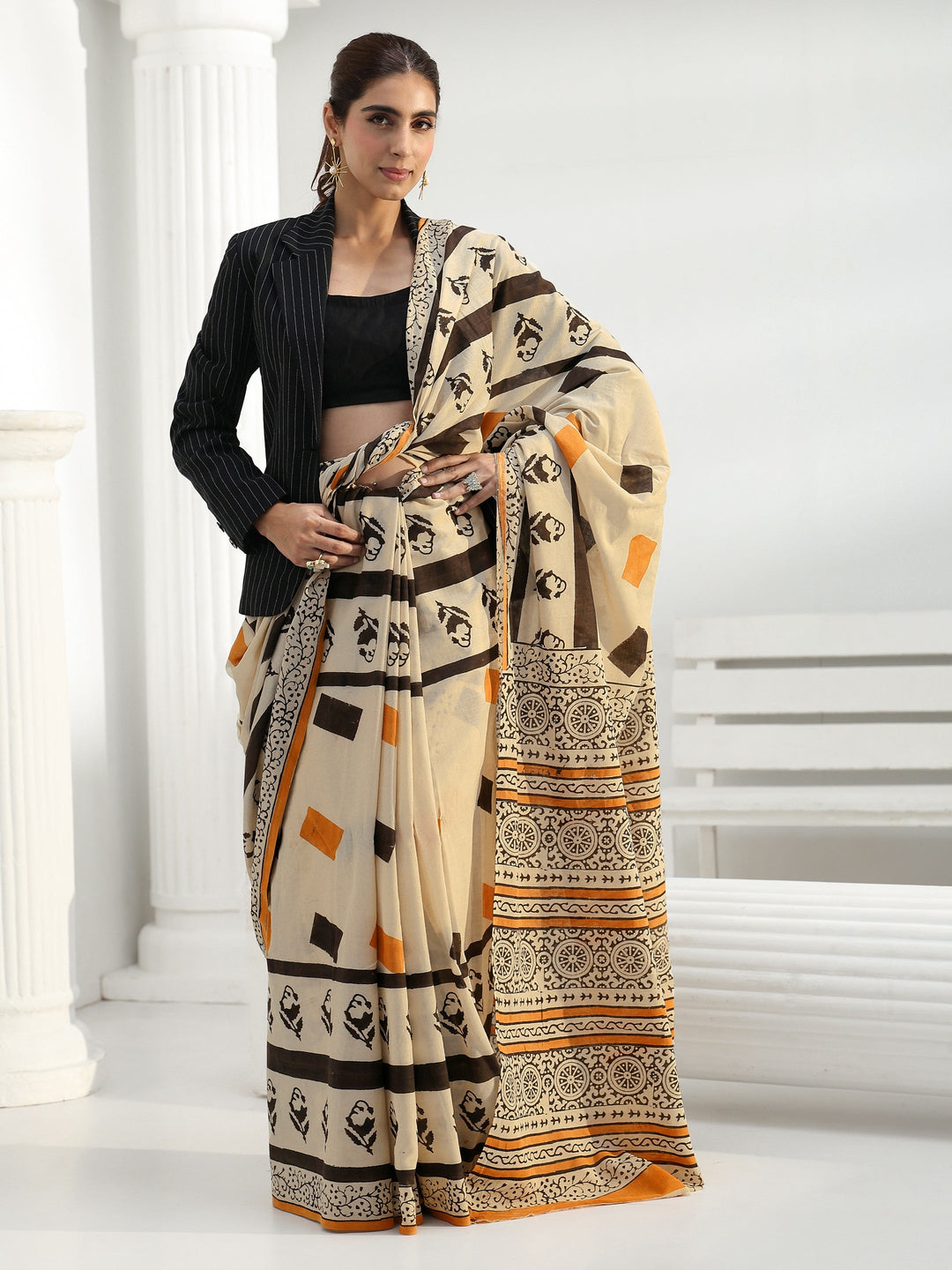  Beige Printed Cotton Saree 